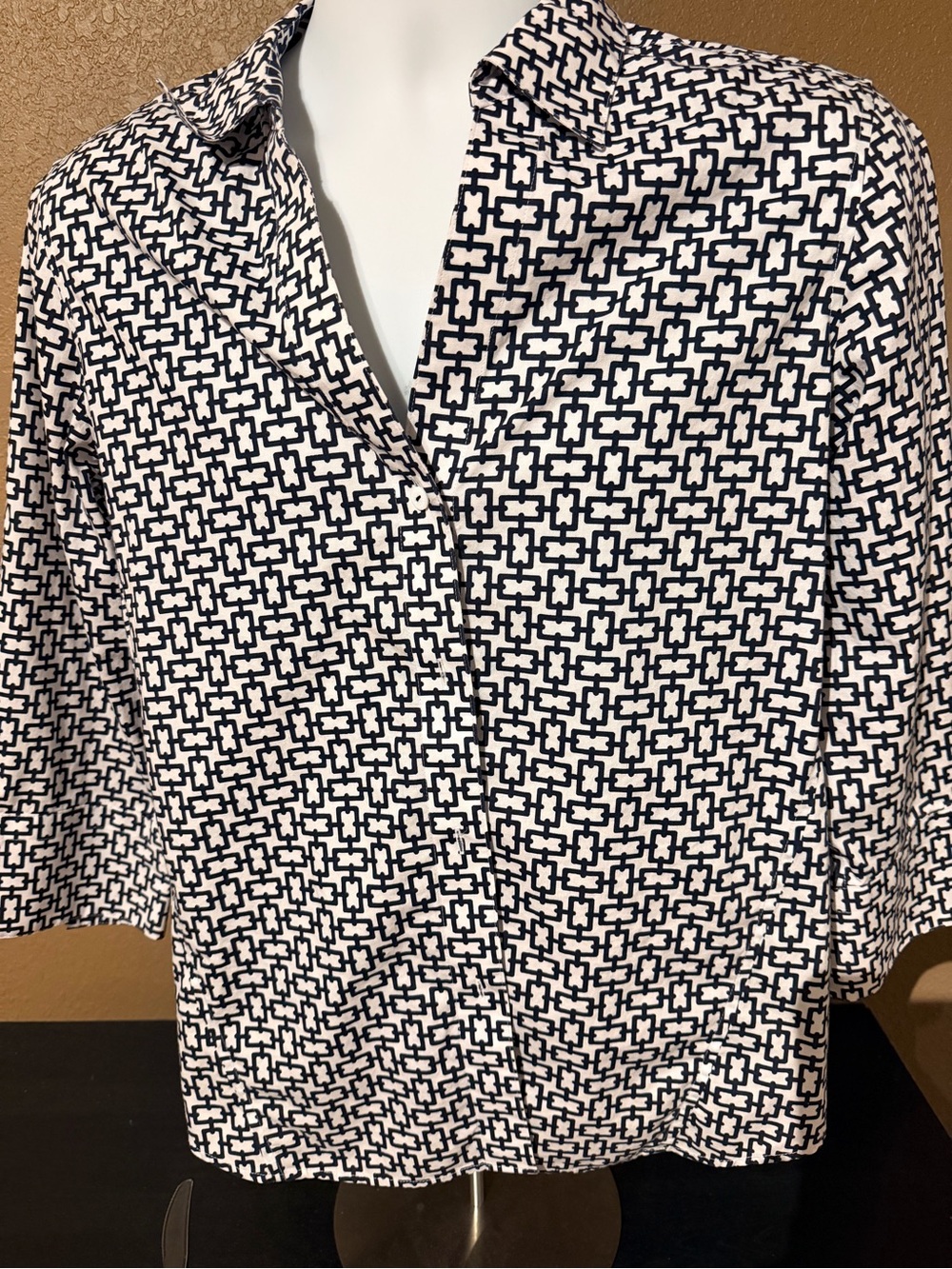 Foxcroft Black Geometric Print Button-Down Shirt on White